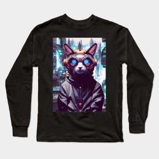 Cool Japanese Techno Cat In Japan Neon City Long Sleeve T-Shirt